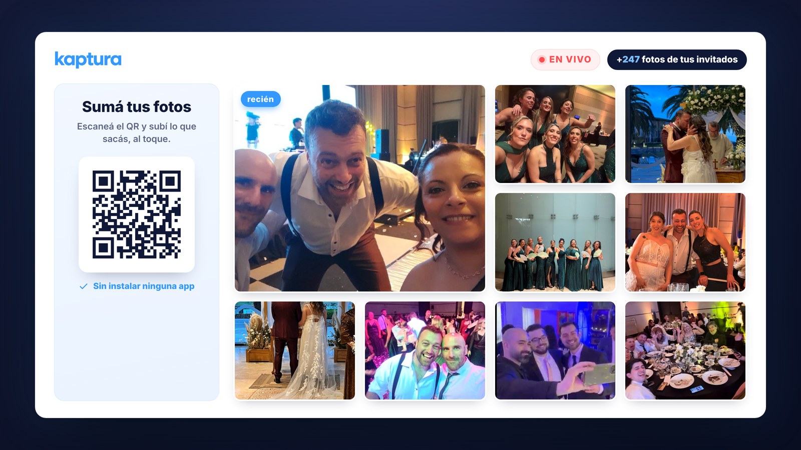 Galería de Kaptura en vivo durante un casamiento: el QR para sumar fotos y las que los invitados ya subieron, con el contador en tiempo real